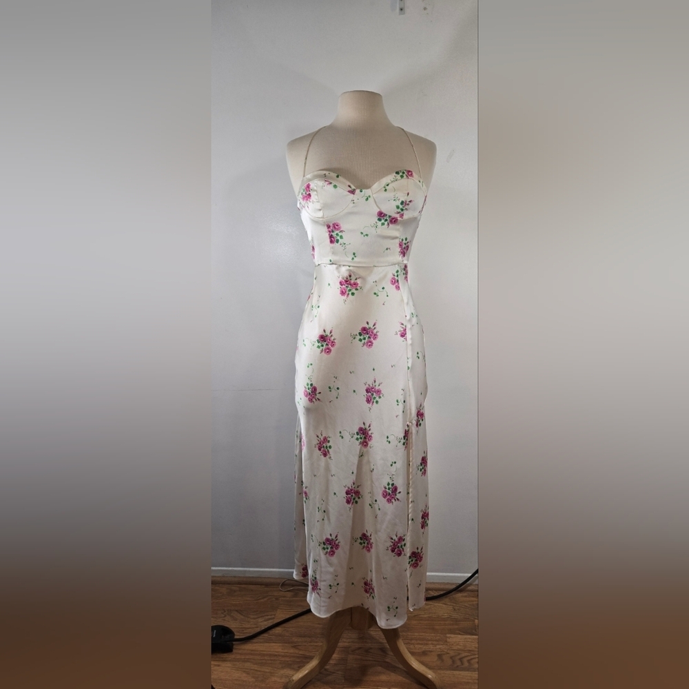 Zara Bustier Floral Pink & White Strappy Satin Midi Dress Small